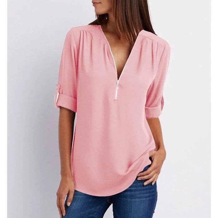 Front view of the Rosé zip-up V-neck blouse in pink with roll-tab half sleeves and silver zip closure