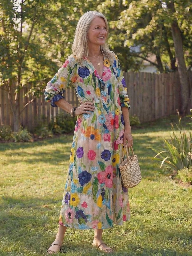 Roselyn women's floral button-front maxi dress in multicolor botanical print with 3/4 sleeves, front view