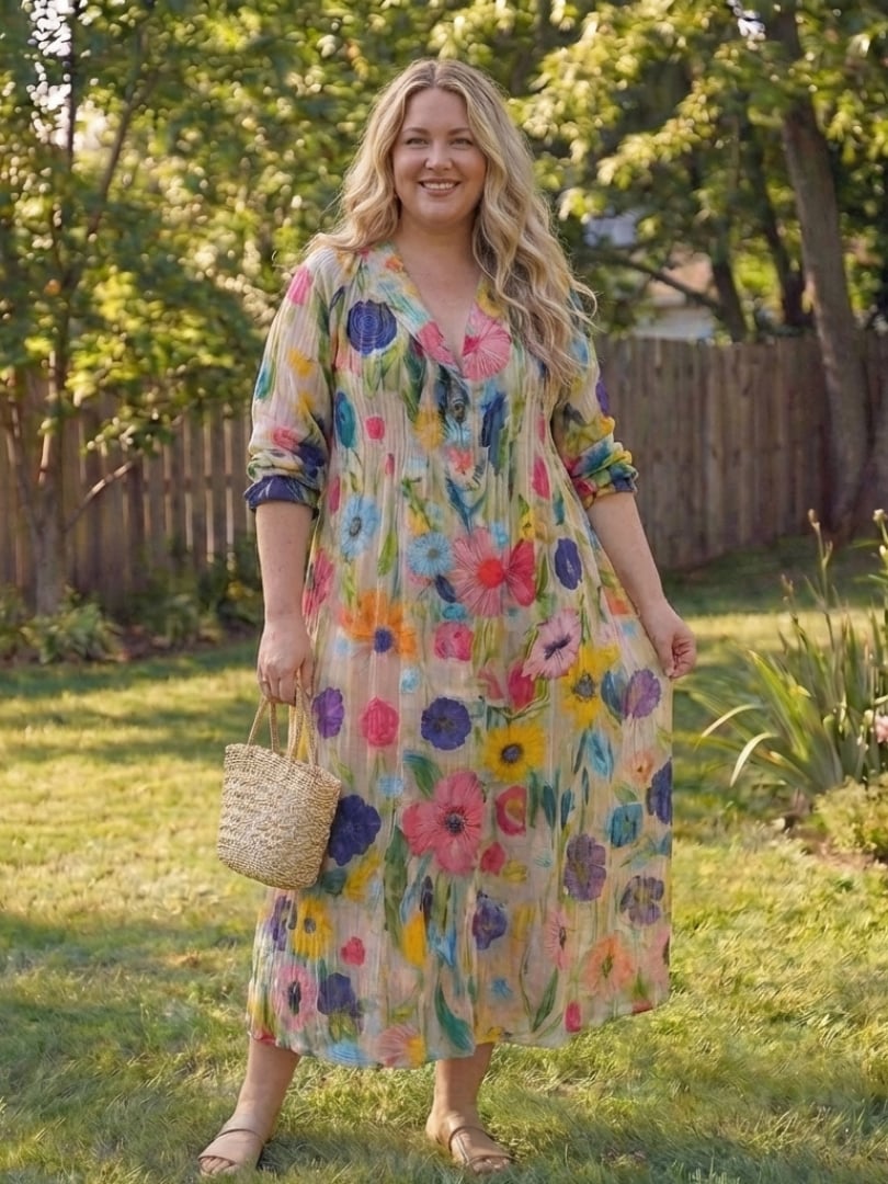 Roselyn floral maxi dress in orange colorway, showing flowing full-length silhouette