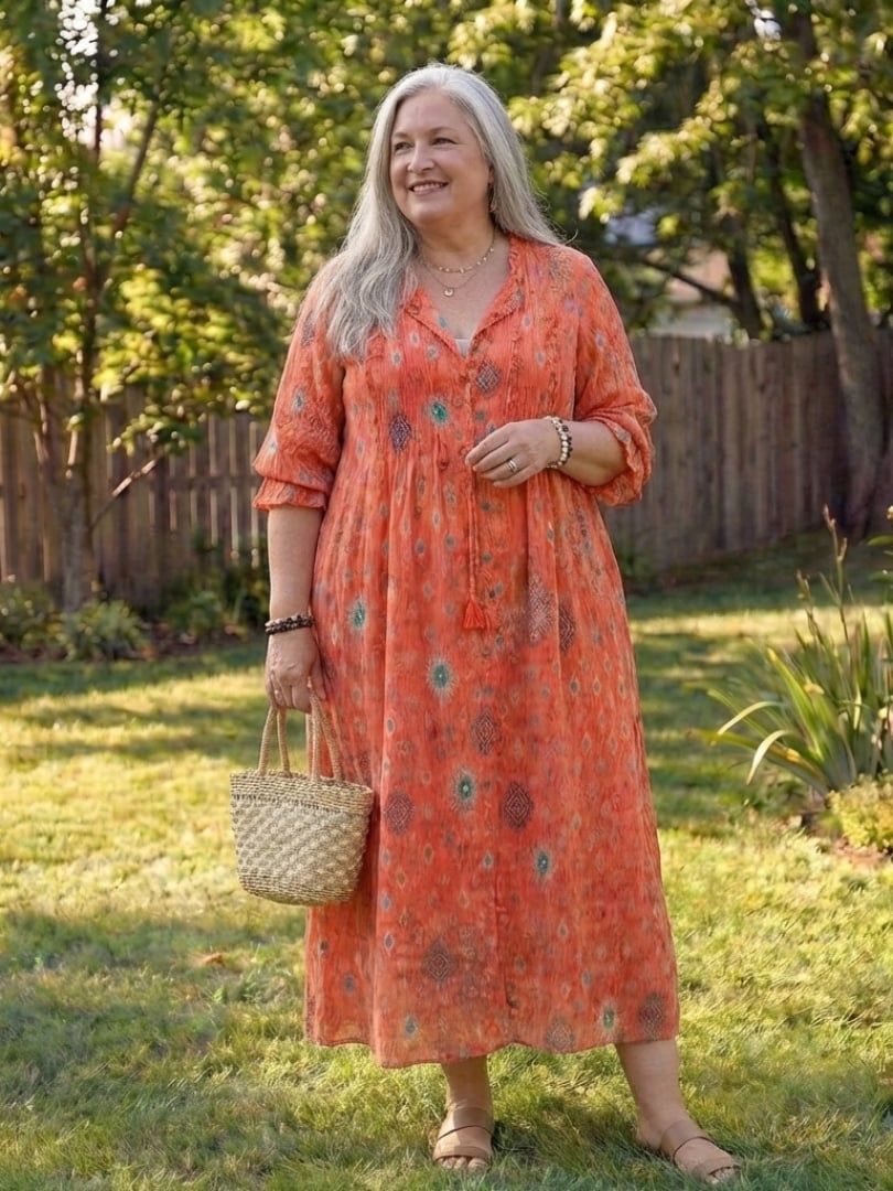 Roselyn floral maxi dress in yellow, worn with neutral sandals for a summer look