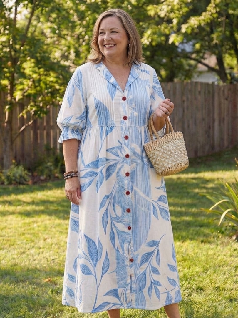 Close-up of Roselyn maxi dress button-front closure and botanical floral print detail