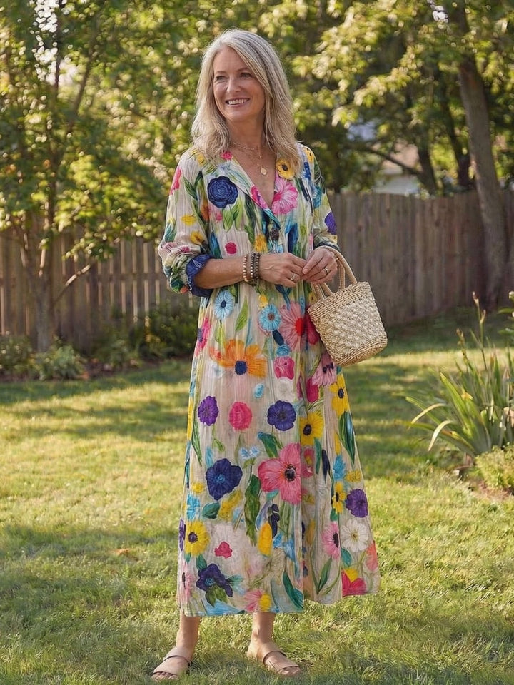 Roselyn floral button-front maxi dress flat lay showing full length and color options
