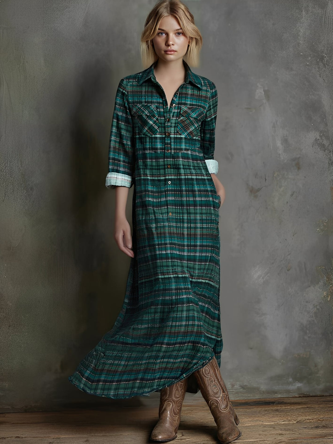 Woman wearing the Rosemary flowing maxi dress in green, full-length front view