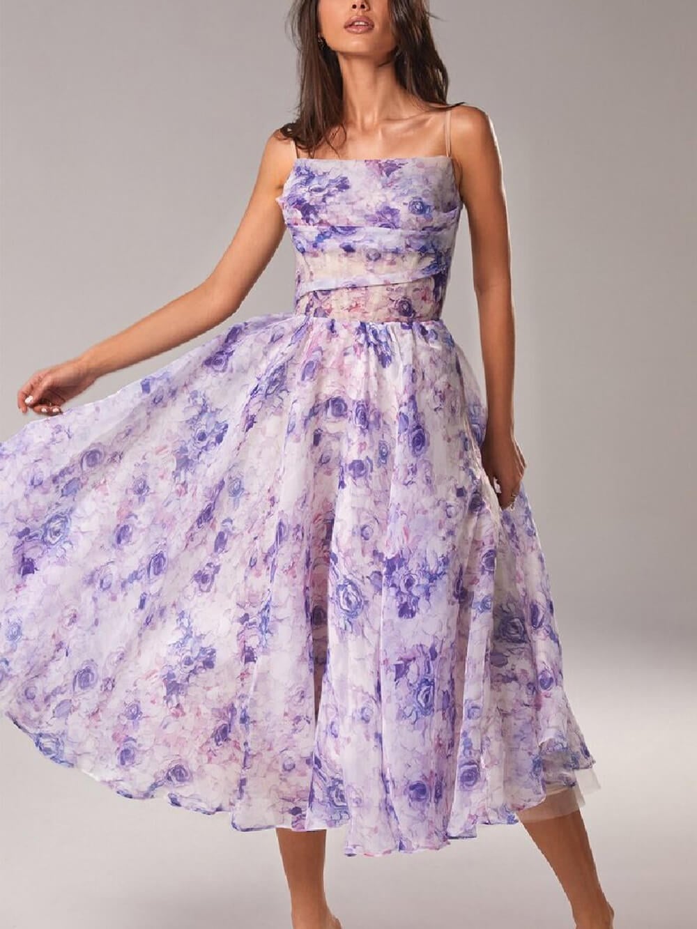Close-up of the Rosie floral midi dress showing the draped cowl neckline and delicate spaghetti straps in pink floral print