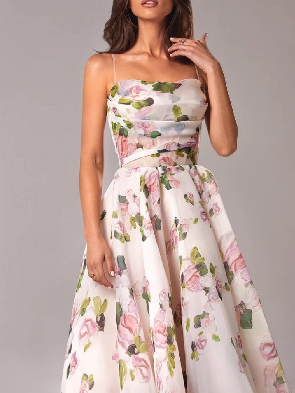 Back view of the Rosie spaghetti strap floral midi dress highlighting the open back and A-line silhouette