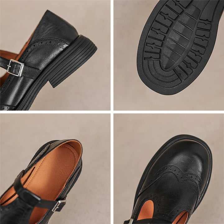 Rosie black leather Mary Jane shoes on a model, styled with tailored trousers
