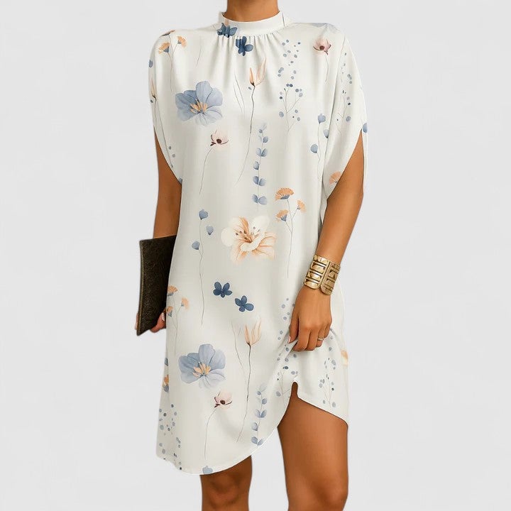 Full-length view of the Rosie midi dress in blue showing the relaxed straight silhouette