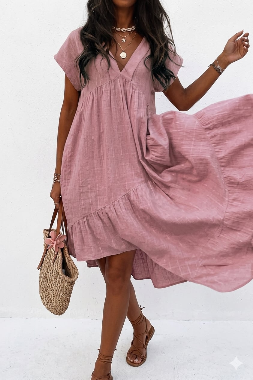 Back view of the Rosie V-neck tiered midi dress in pink