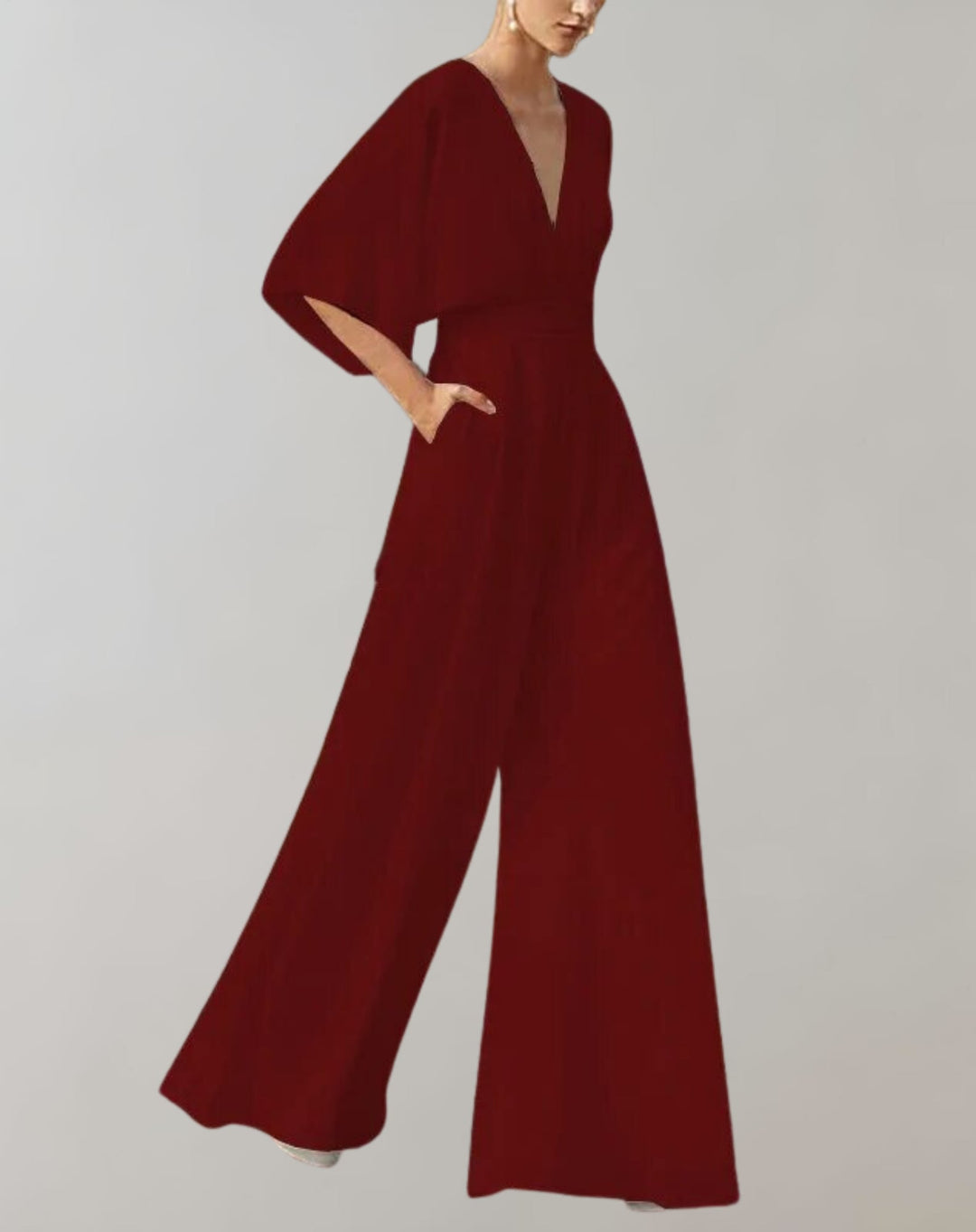 Rosie wide-leg jumpsuit styled with heeled sandals showing full floor-grazing silhouette