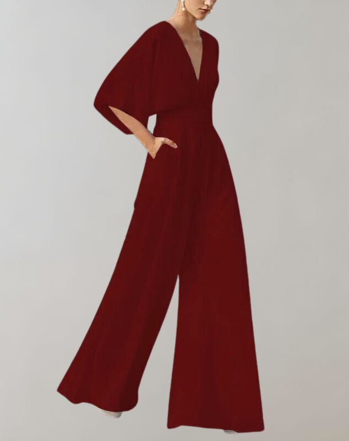 Rosie wide-leg jumpsuit styled with heeled sandals showing full floor-grazing silhouette