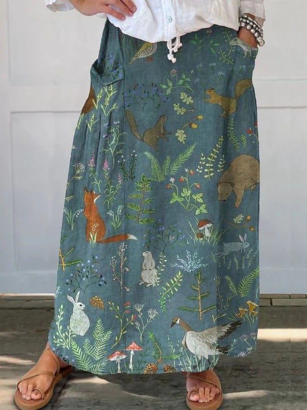 Green retro floral and animal print A-line casual skirt with side pockets and elastic waistband