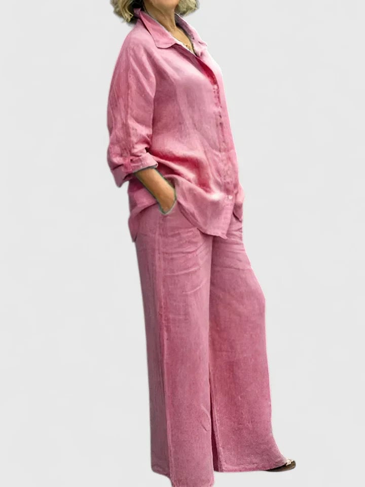 Women's oversized linen button-down shirt and wide-leg pants two-piece set in pink