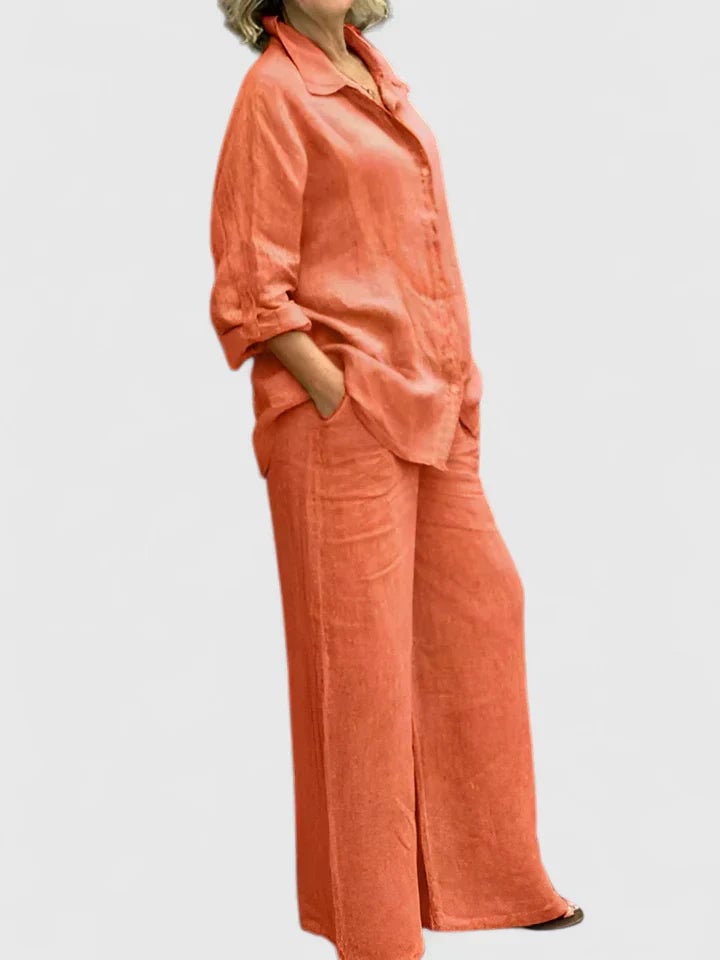 Front view of Roslyn linen co-ord set in pink showing relaxed shirt silhouette