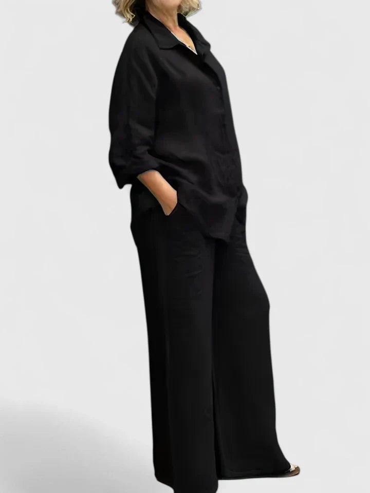 Roslyn two-piece linen set styled in light green showing full-length wide-leg fit
