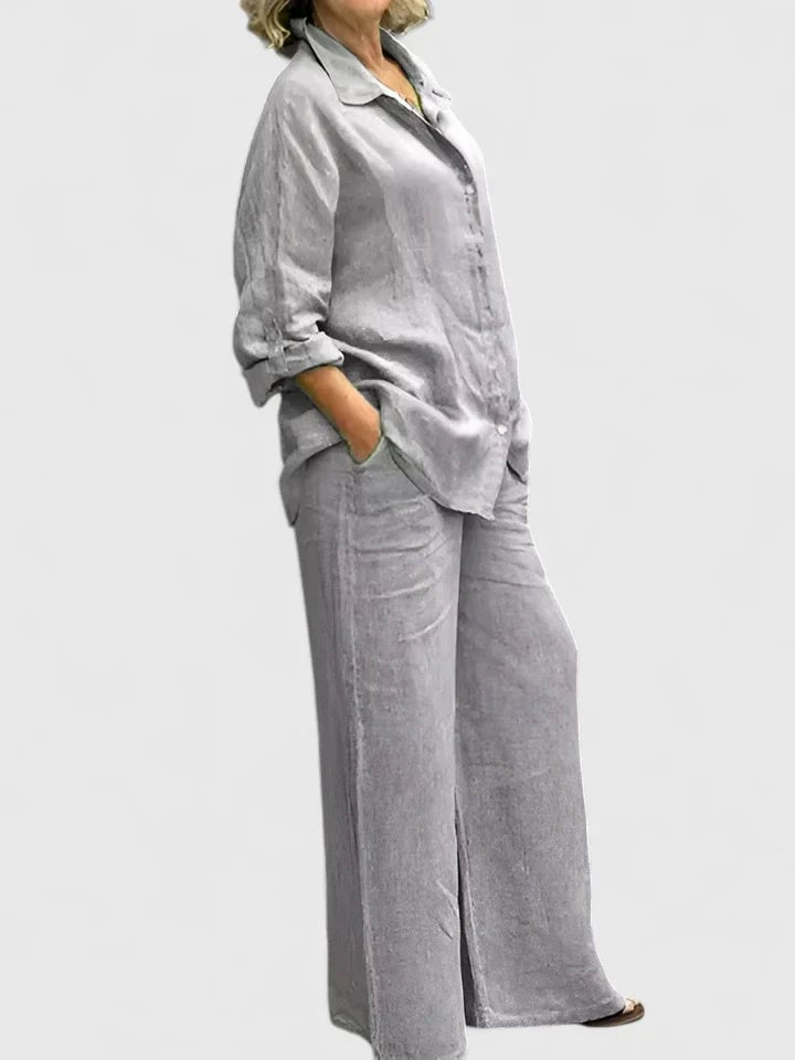 Roslyn linen co-ord set in purple worn with simple accessories