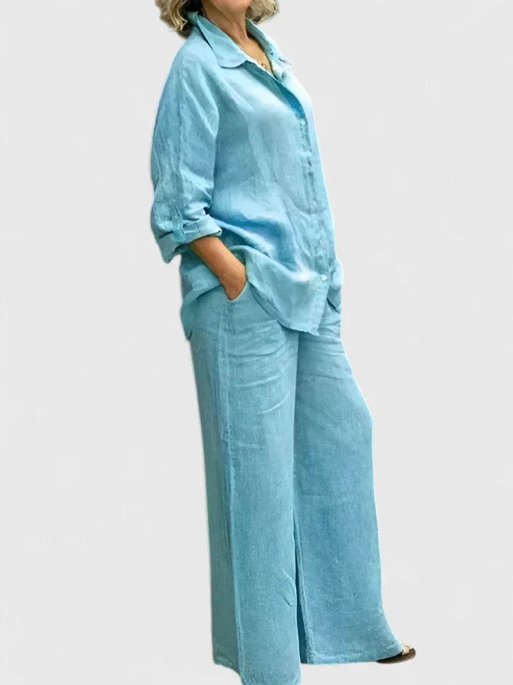 Roslyn linen shirt set in white showcasing clean tonal coordinated look