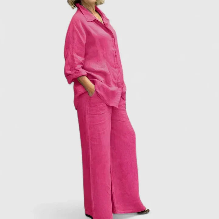 Roslyn linen co-ord set in lake blue full outfit front view