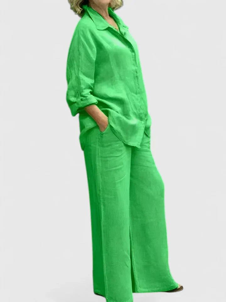Back view of Roslyn linen wide-leg pants and oversized shirt in pink