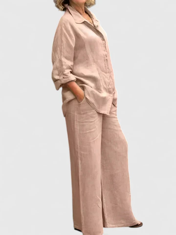 Flat lay of Roslyn linen shirt and matching wide-leg pants in multiple color options