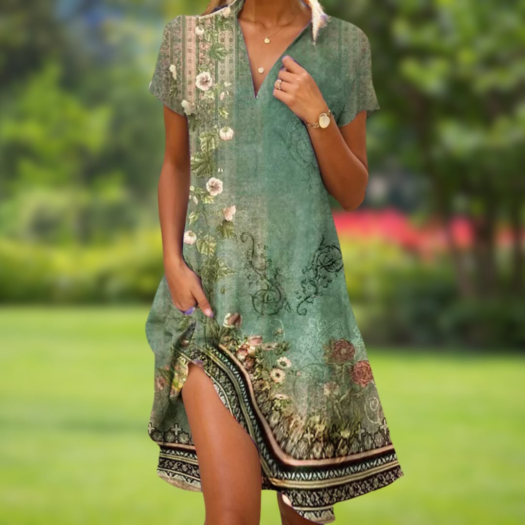 Side profile of the Rowan women's cocktail dress in green highlighting the smooth fitted silhouette