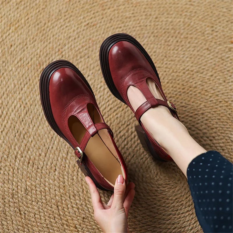Rowena chunky block heel Mary Jane pump in red with gold buckle T-strap and round toe, front view