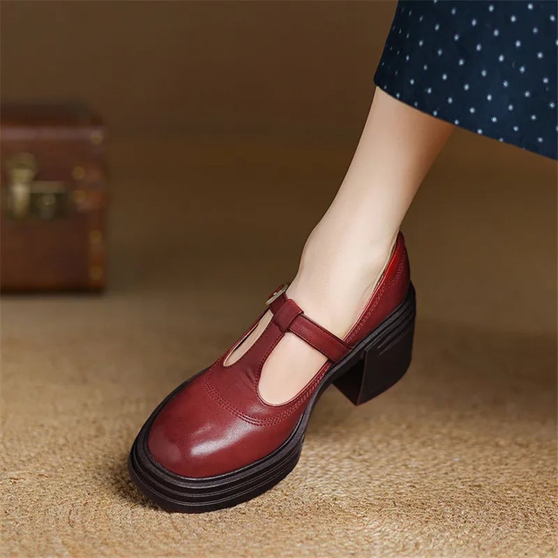 Rowena Mary Jane pump in red showing chunky block heel height, side profile view