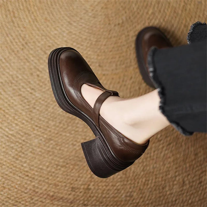 Rowena chunky block heel Mary Jane pump in black, front three-quarter view