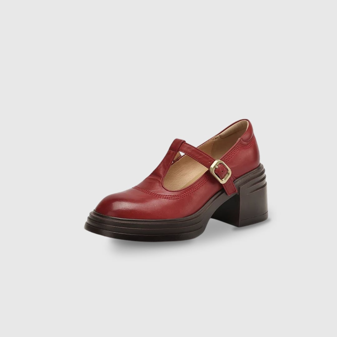 Rowena chunky block heel Mary Jane pump in brown, front three-quarter view
