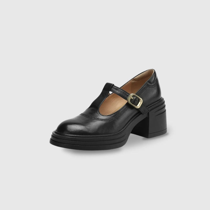 Rowena brown Mary Jane pump showing T-strap gold buckle closure detail