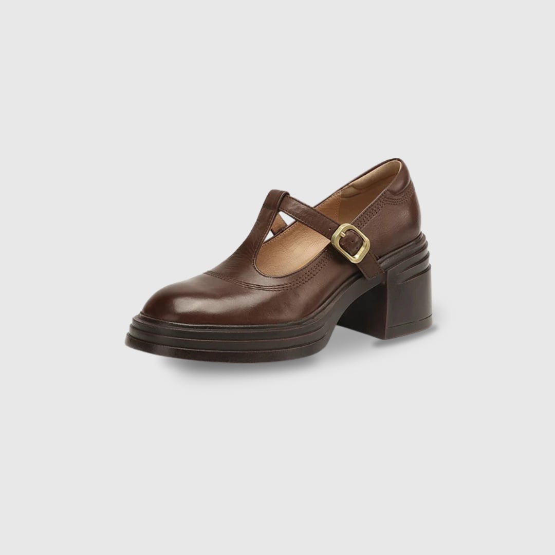 All three colorways of the Rowena Mary Jane pump — red, black, and brown — displayed together