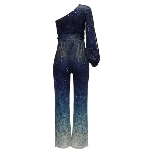 Full-length back view of the Roxanne ombre sequin flare jumpsuit showing the one-shoulder strap and flowing flared trousers