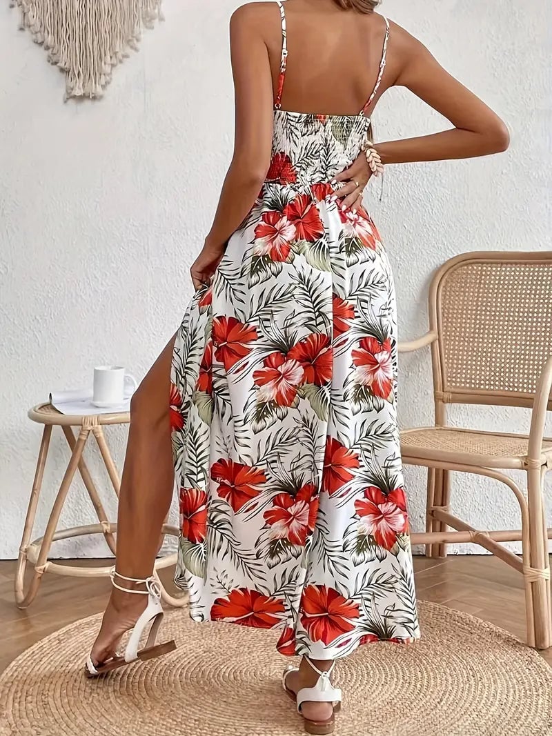 Side profile of a woman in the Ruby floral midi dress, showcasing the flowing drape and flattering silhouette