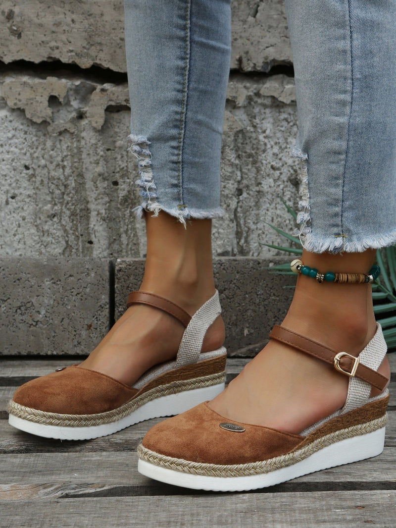 Ruby cushioned espadrille sandal in brown with woven sole, side view