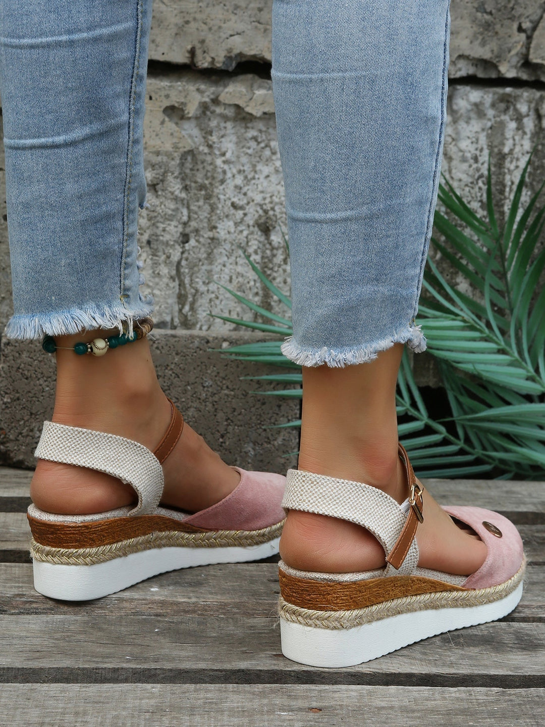 Ruby espadrille sandal in black with woven sole, side profile view