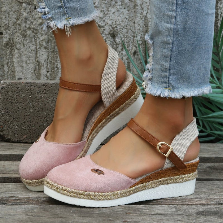 Ruby espadrille sandal in pink, top-down view showing woven sole and cushioned footbed