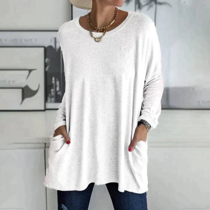 Front view of the Ruby oversized tunic top in gray with a clean round neckline