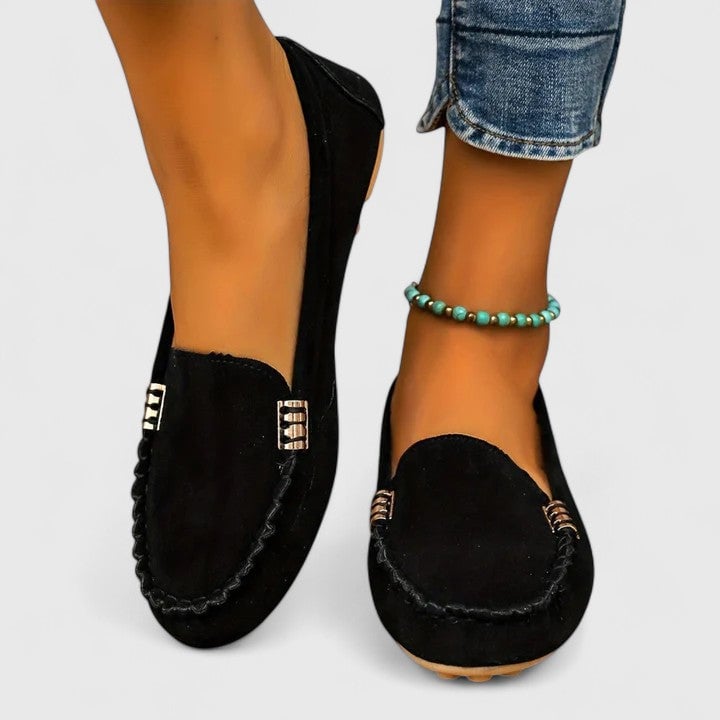 Ruby suede loafers in yellow displayed on a flat surface, front three-quarter view