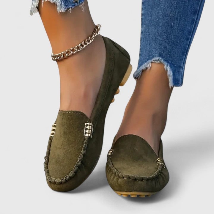 Ruby suede loafers in grey shown from the side against a neutral background