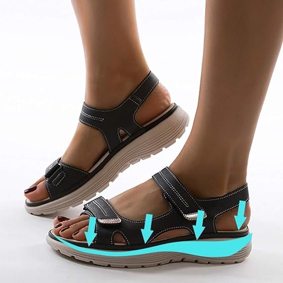 Rue orthopedic sandals in blue worn on feet, showcasing breathable open construction