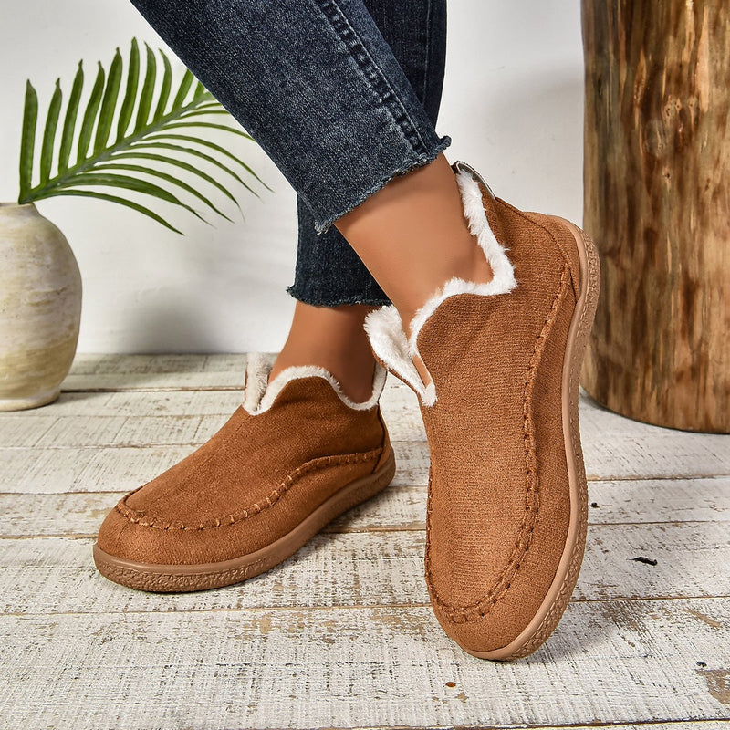 Women's warm fur-lined slip-on ankle boots in brown with thick anti-slip sole, side view