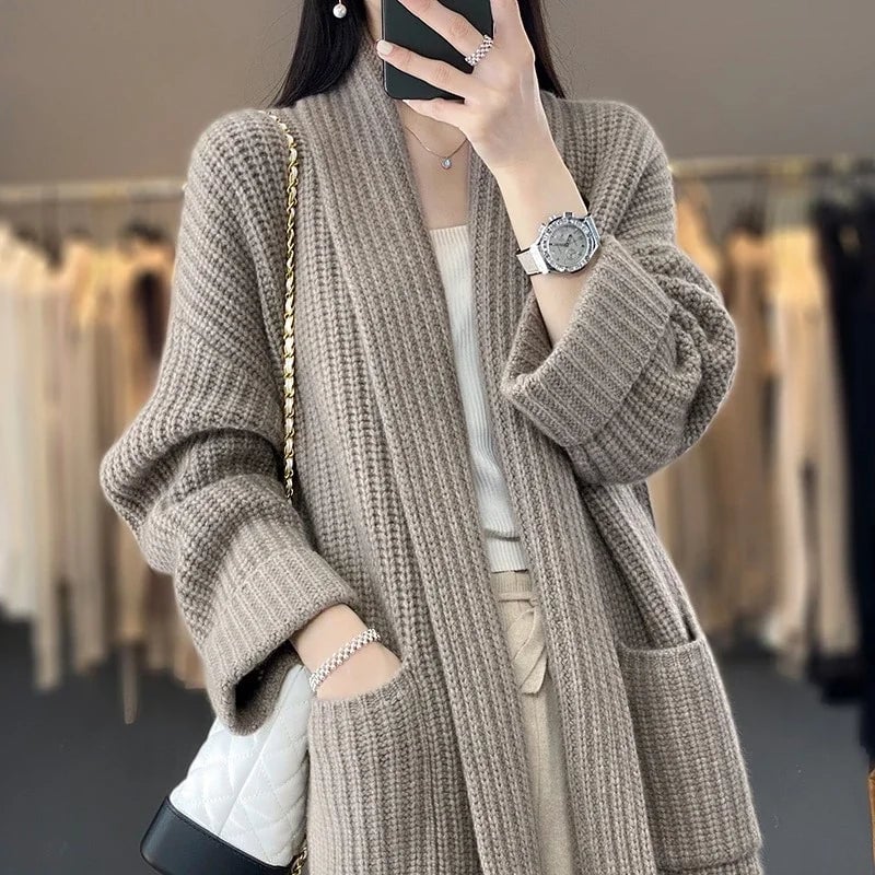 Front view of the Sadie open cardigan in khaki showing its lightweight, airy drape