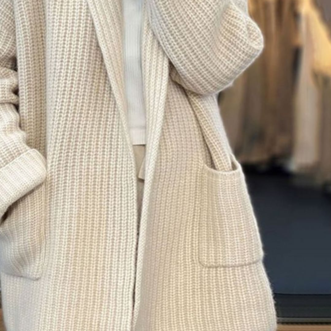 Side profile of the Sadie open cardigan highlighting its relaxed, flattering fit