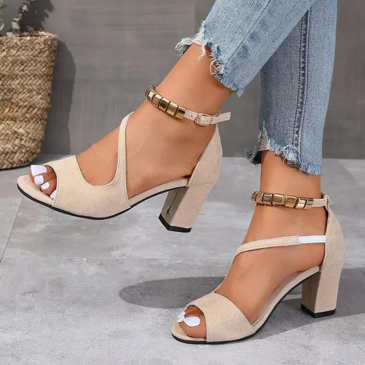 Sadie beige peep toe sandal heel detail on white background