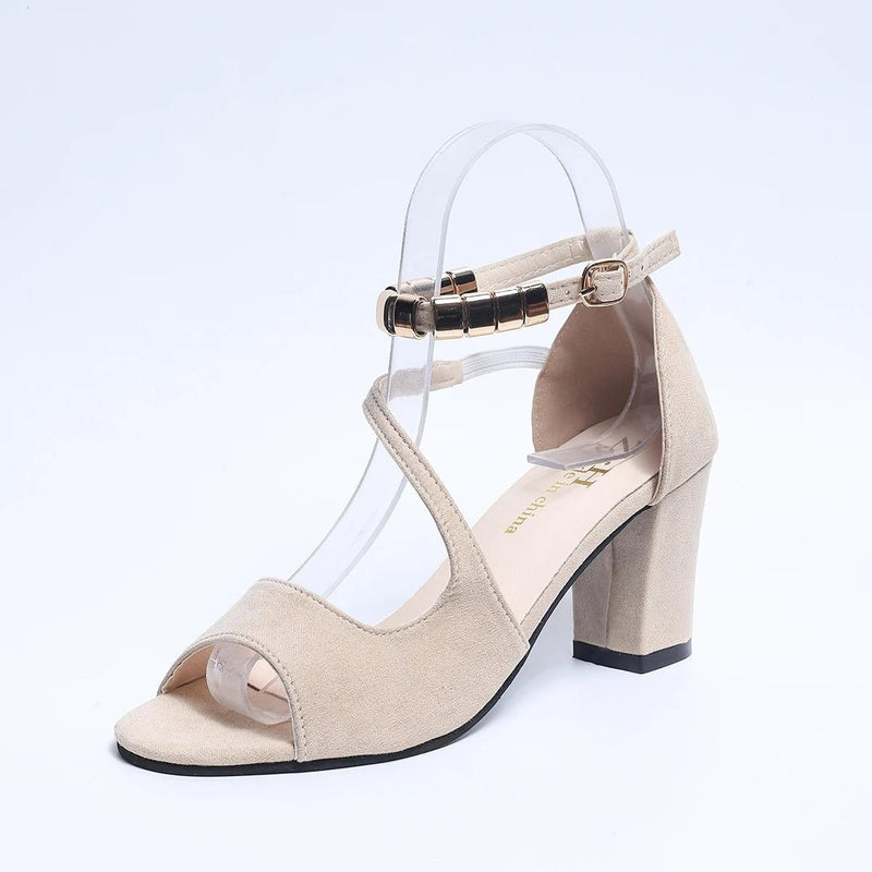 Sadie black block heel peep toe sandal with gold-tone ankle strap hardware, front view