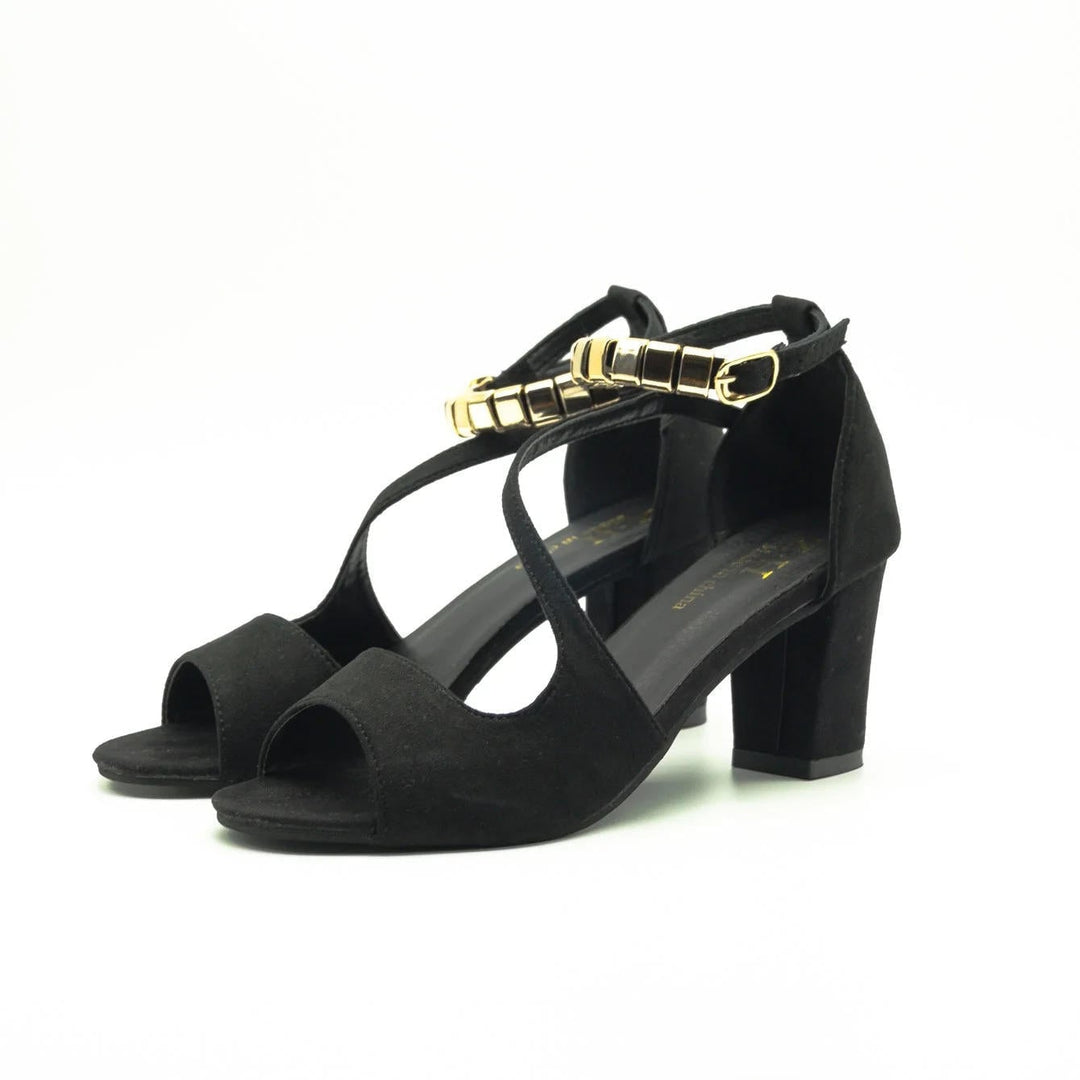 Sadie gray block heel sandal side view highlighting padded insole and ankle strap
