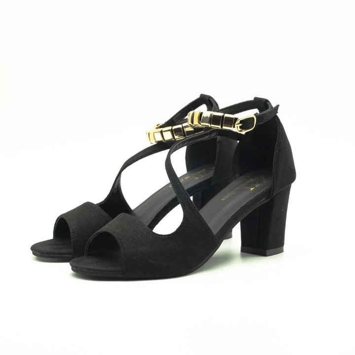 Sadie gray block heel sandal side view highlighting padded insole and ankle strap