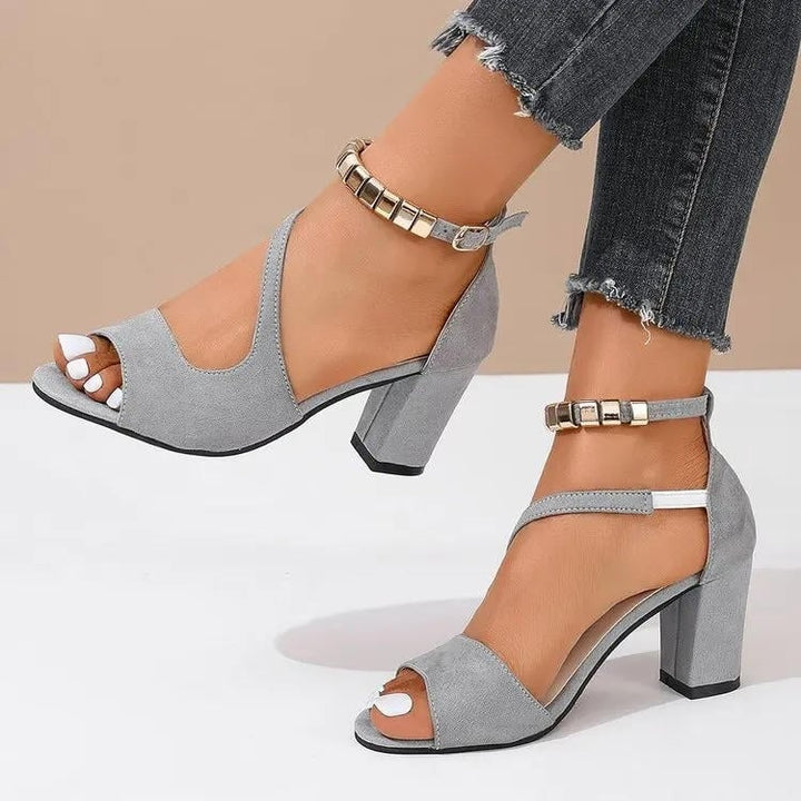 Sadie gray peep toe sandal heel close-up on white background
