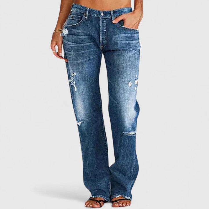 Back view of Sadie distressed straight leg jeans showing washed fade finish and straight hem