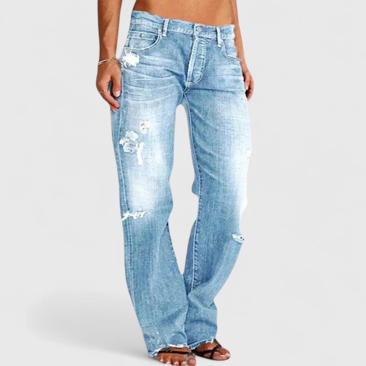 Side view of Sadie straight leg jeans showing low-rise waist and clean hip-to-hem silhouette