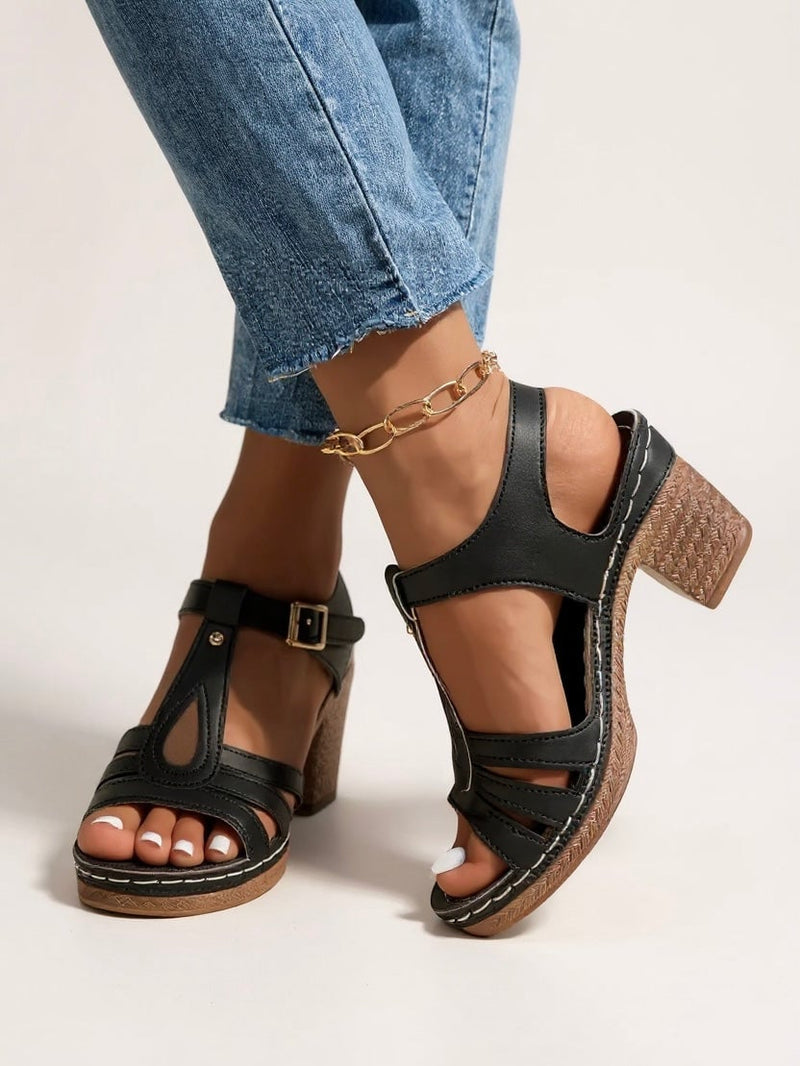 Saffron block heel sandal side profile highlighting the sleek minimalist strap and stable block heel